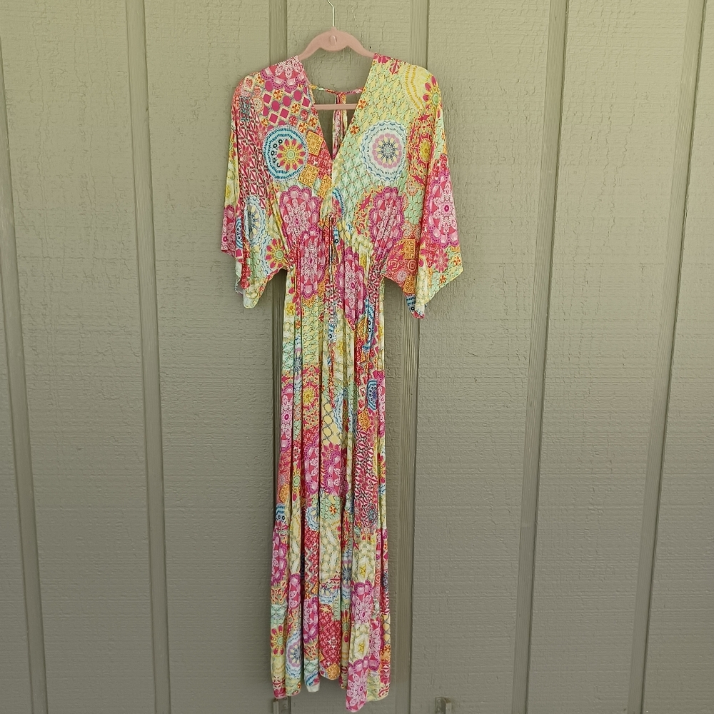Gigi Moda Agio Maxi Dress One Size Women Boho Resort Wear Double V Neck Viscose - Picture 1 of 11